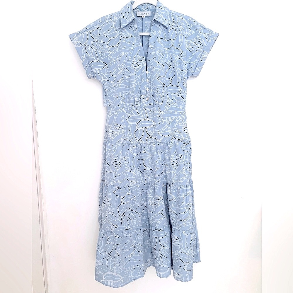 CHICWISH embroider tiered pastel blue midi dress paisley small cutout crop back